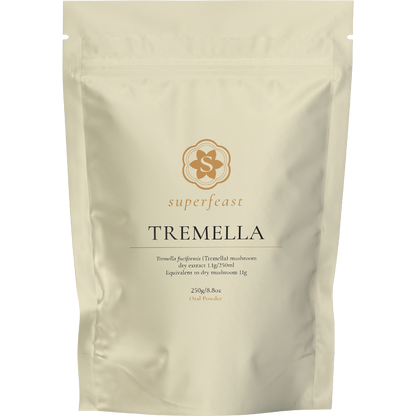 250g bag of SuperFeast Tremella mushroom extract powder for skin hydration and immune support.