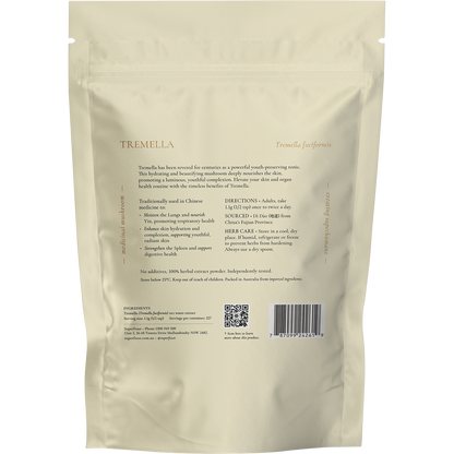 Rear view of a 250g bag of SuperFeast Tremella mushroom extract powder, showing product information and ingredients.