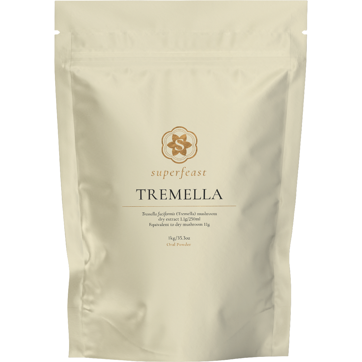 1kg bag of SuperFeast Tremella mushroom extract powder, featuring a white label with minimalist botanical designs.