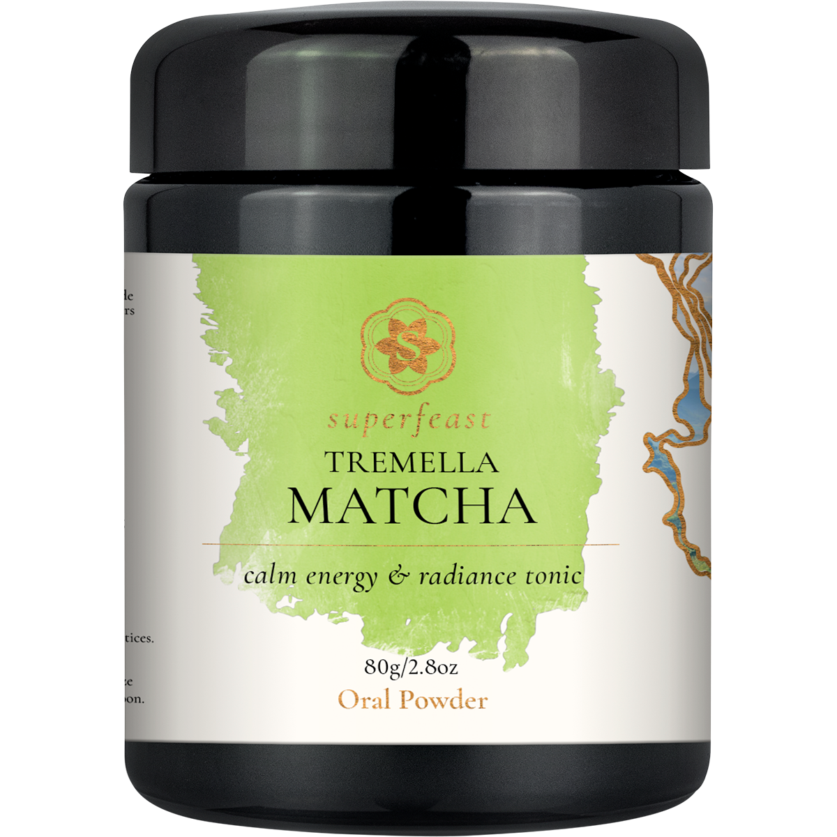 A black plastic jar of Superfeast Tremella Matcha Oral Powder, featuring a white and light green label with gold and black text.