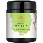 A black plastic jar of Superfeast Tremella Matcha Oral Powder, featuring a white and light green label with gold and black text.