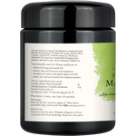 A black plastic herbal supplement jar with a black lid, featuring a white label with green and black text and a light green leaf graphic on the right side.