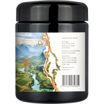 A black plastic jar with a black lid, featuring a white label with product information and a scenic landscape illustration of a river flowing through mountains, on a white background.