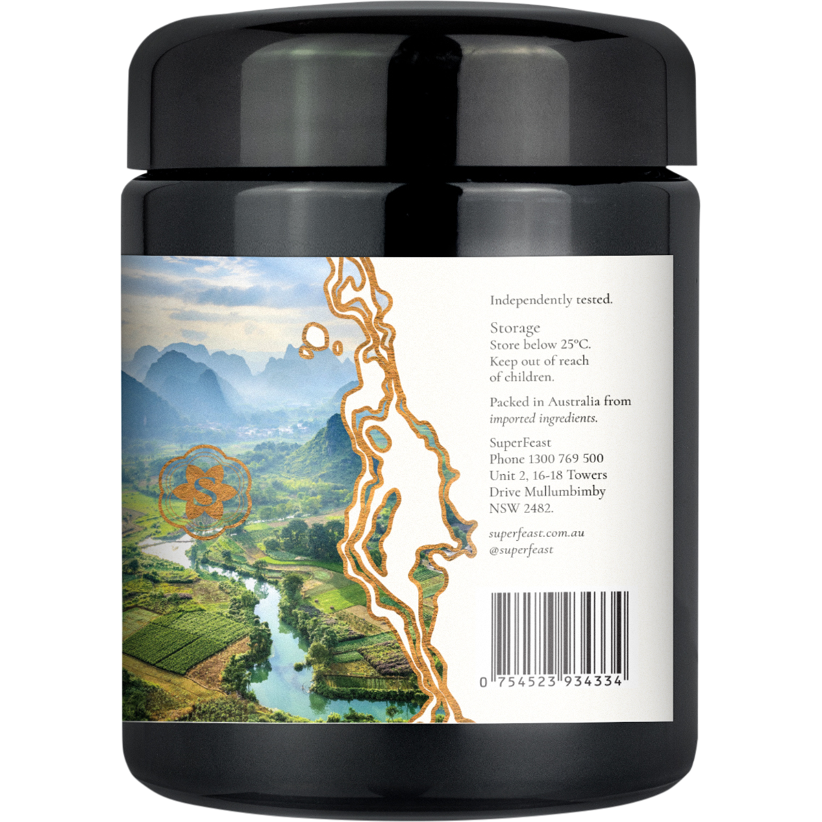 A black plastic jar with a black lid, featuring a white label with product information and a scenic landscape illustration of a river flowing through mountains, on a white background.