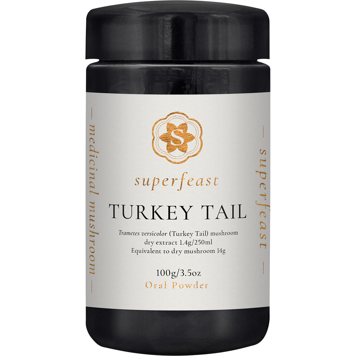 SuperFeast Turkey Tail 100g amber glass jar with a black lid and white label featuring botanical mushroom illustrations.
