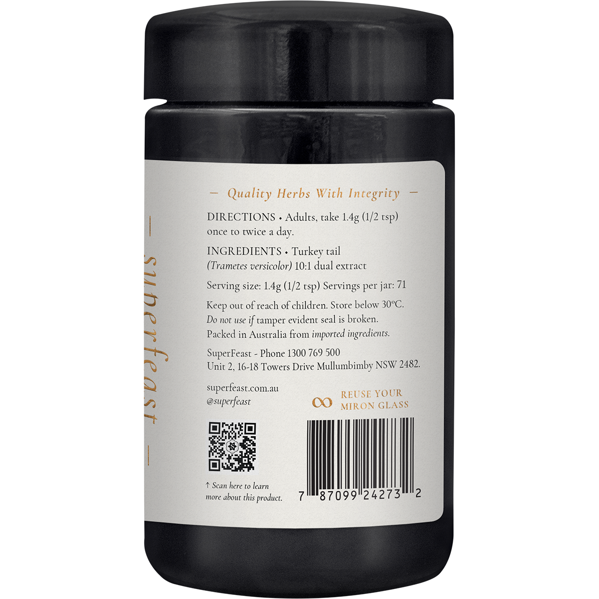 Right side of a SuperFeast Turkey Tail 100g amber glass jar showing nutritional facts and usage directions.