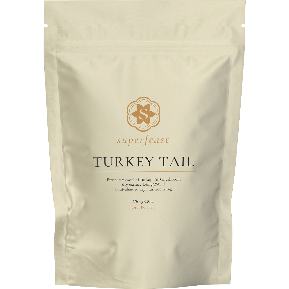 SuperFeast Turkey Tail 250g bag of wildcrafted mushroom extract powder featuring a fan-shaped turkey tail illustration.