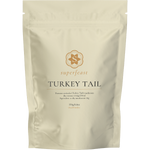 SuperFeast Turkey Tail 250g bag of wildcrafted mushroom extract powder featuring a fan-shaped turkey tail illustration.