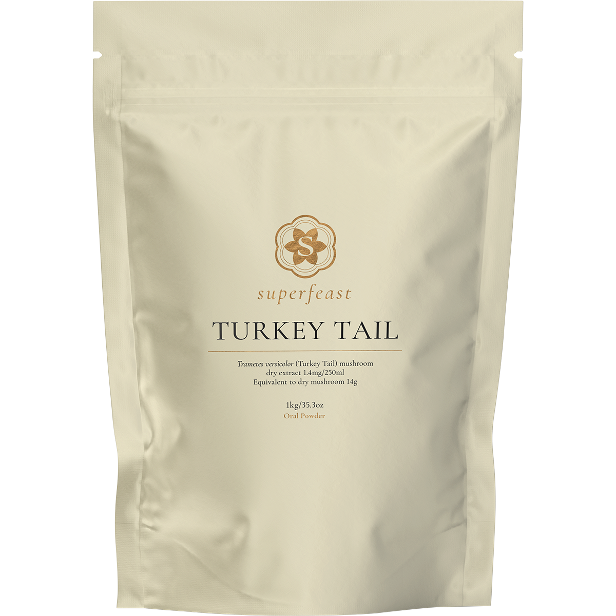 1kg bag of SuperFeast Turkey Tail mushroom extract powder featuring a fan-shaped mushroom illustration.