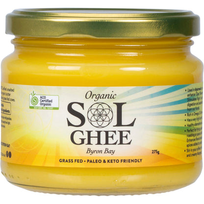 275g glass jar of Sol Organics Organic Ghee made from unsalted grass-fed butter on a white background.