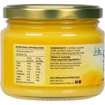 Side view of a 275g glass jar of Sol Organics Organic Ghee made from grass-fed butter on a white background.