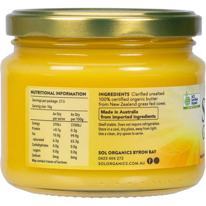 Side view of a 275g glass jar of Sol Organics Organic Ghee made from grass-fed butter on a white background.
