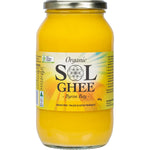 A 685g jar of Sol Organics Organic Ghee made from grass-fed cows, featuring a yellow label and lid.