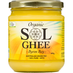 A jar of Organic Sol Ghee by Byron Bay, featuring a golden-yellow ghee inside a clear glass jar with a metallic gold lid and a white and yellow label.