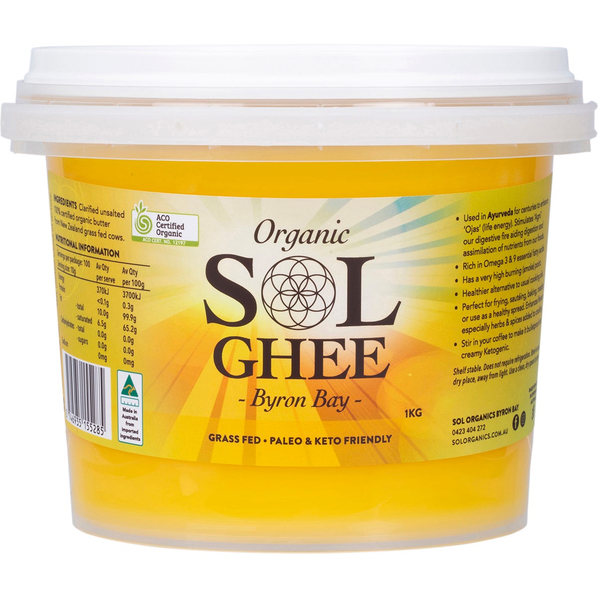 1kg white tub of Sol Ghee Grass Fed Ghee with a yellow label and handle.