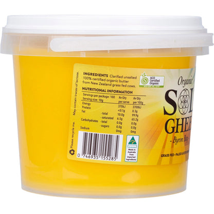 Sol Ghee 1kg tub showing the side label with grass-fed and organic details.