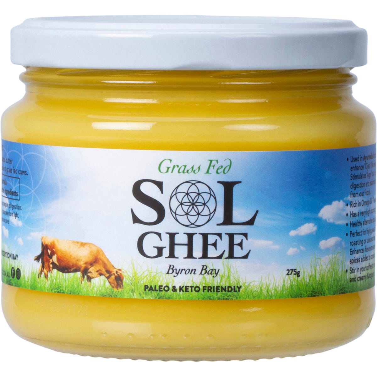 275g glass jar of Sol Organics Grass Fed Ghee with a yellow label and gold lid on a white background.