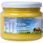 Sol Organics Grass Fed Ghee 275g glass jar with a yellow label and gold lid on a white background.