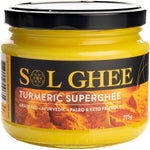 Sol Organics Turmeric Super Ghee 275g glass jar with a yellow and brown label featuring turmeric illustrations.