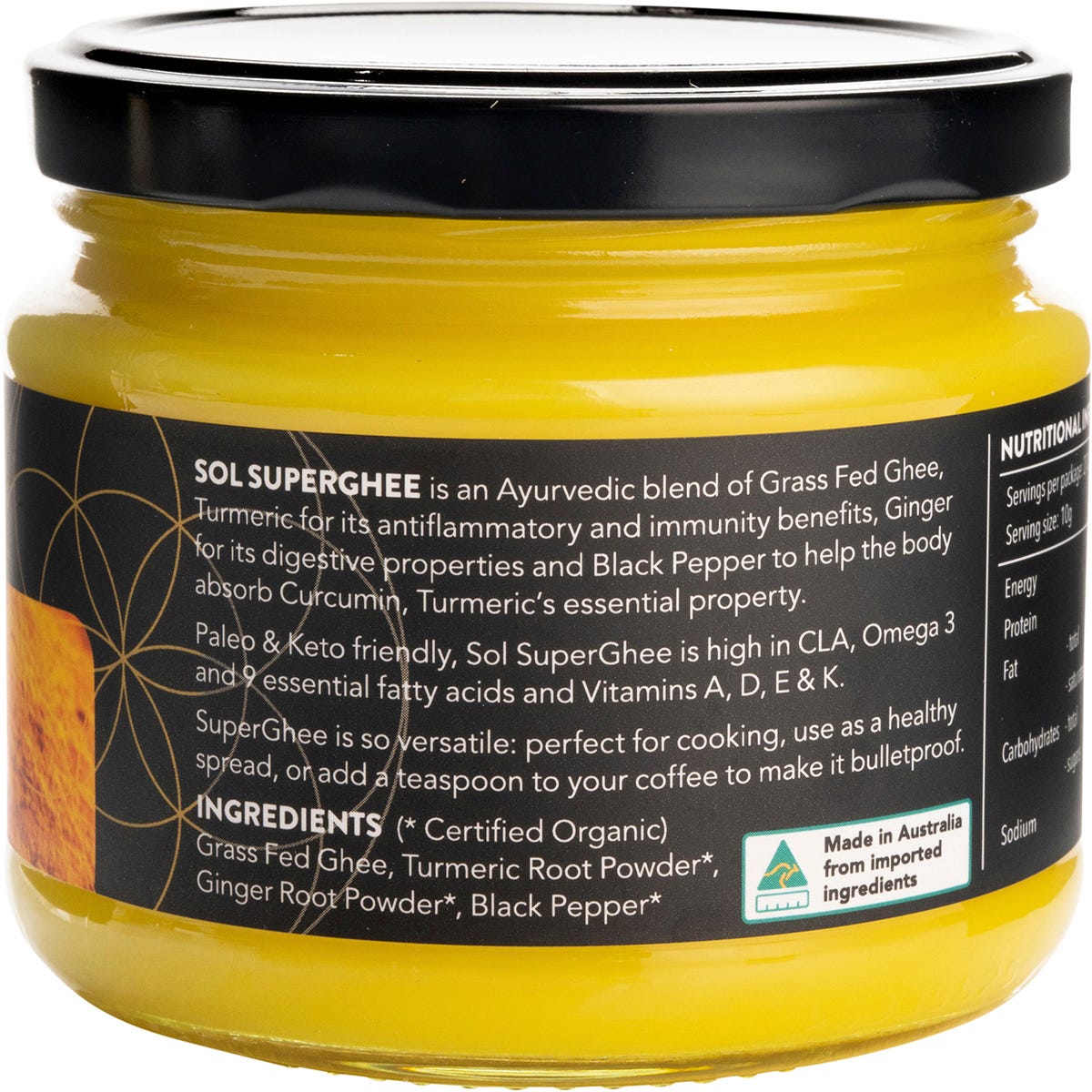 Right side of a 275g jar of Sol Organics Turmeric Super Ghee showing nutrition facts and organic ingredients.
