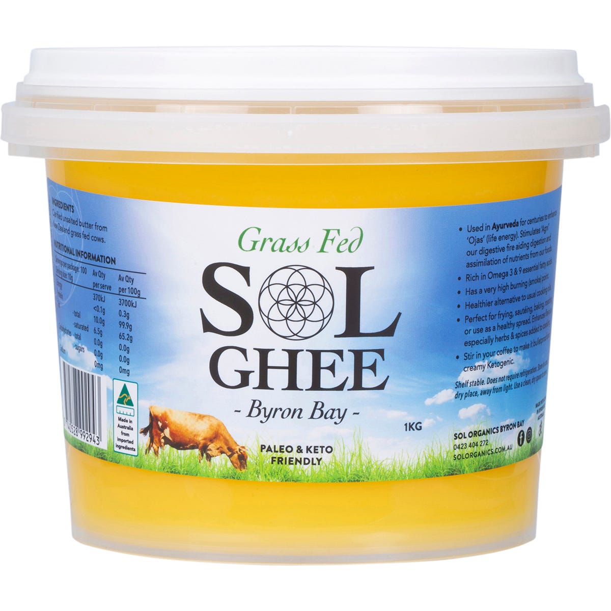 1kg tub of Sol Organics Grass Fed Ghee made from unsalted butter on a white background.