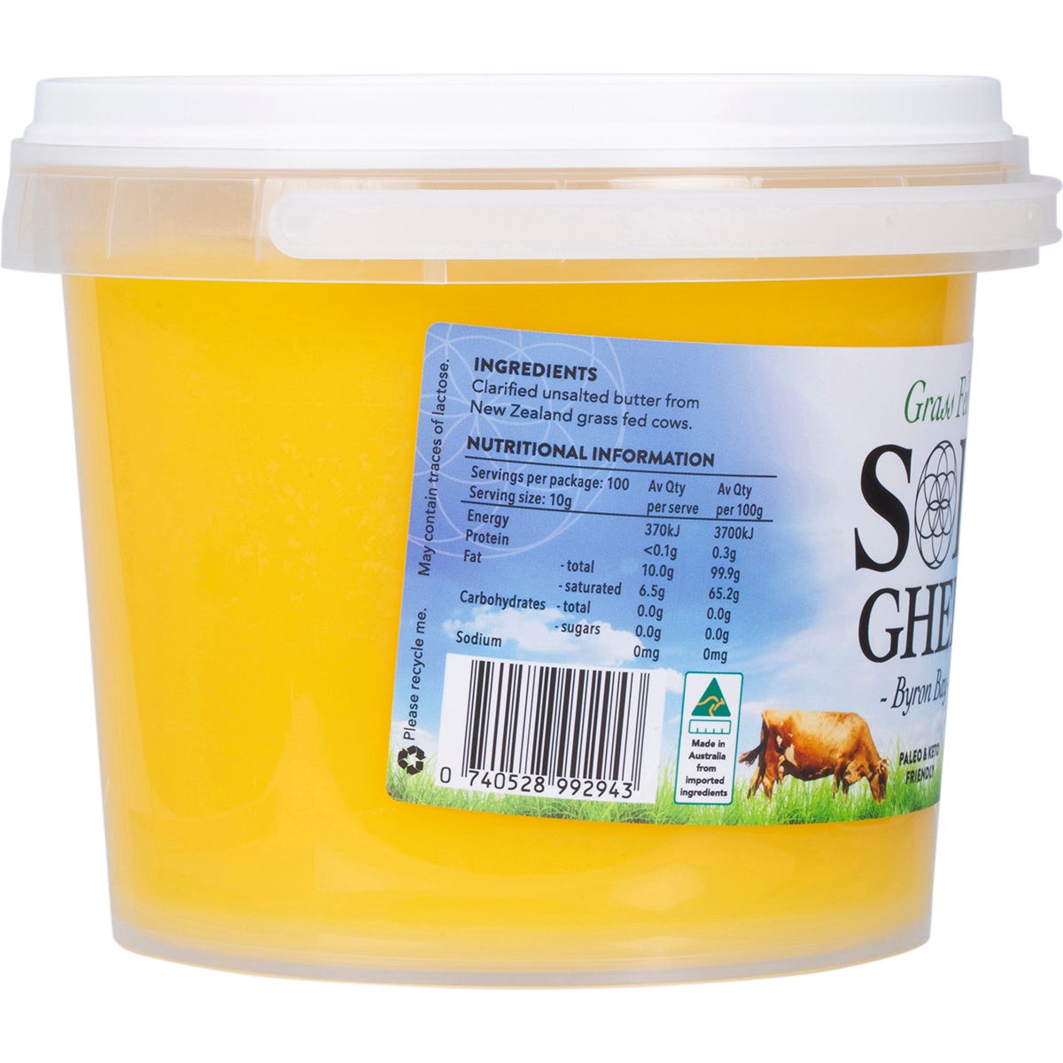 Side view of a 1kg tub of Sol Organics Grass Fed Ghee on a white background.