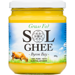 A 400g glass jar of Sol Ghee Grass Fed by Byron Bay, filled with yellow butter and featuring a white lid with a blue and green label.
