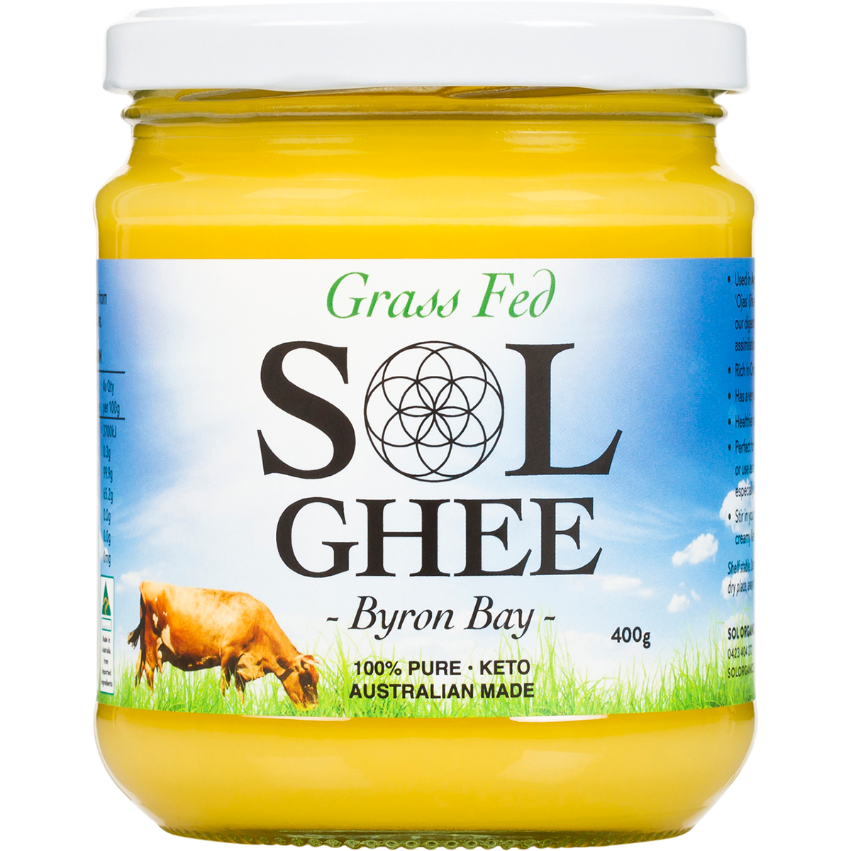A 400g glass jar of Sol Ghee Grass Fed by Byron Bay, filled with yellow butter and featuring a white lid with a blue and green label.