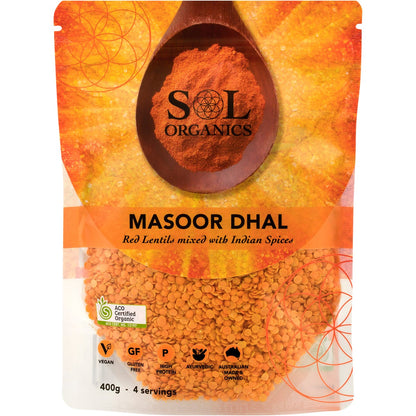 Sol Organics Masoor Dhal Red Lentil Mix 400g bag with Indian spices and organic certification logos.