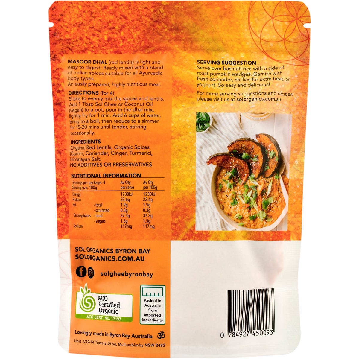 Back of a 400g bag of Sol Organics Masoor Dhal Red Lentil Mix showing nutritional info and cooking instructions.