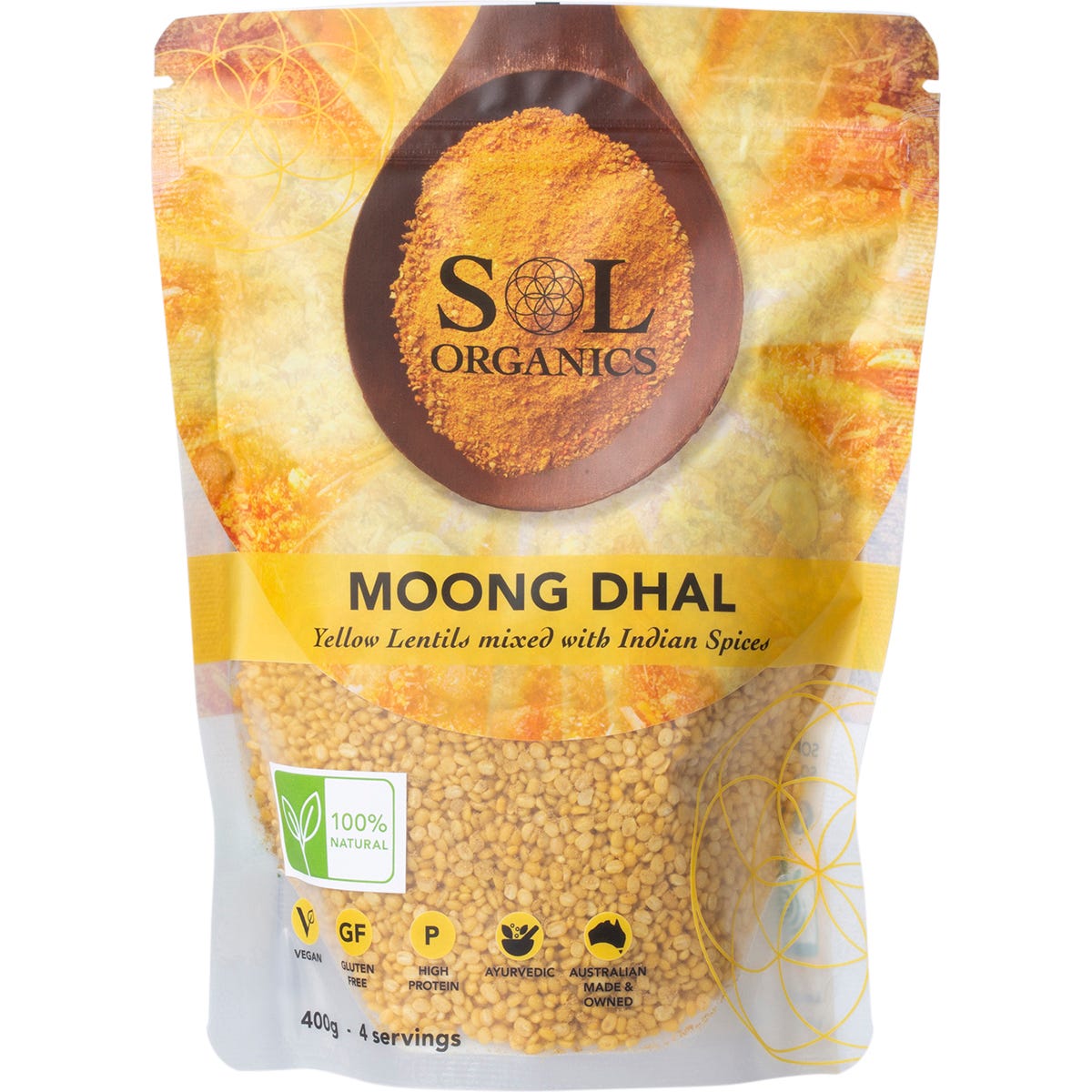 Sol Organics Moong Dhal Yellow Lentil Dhal Mix 400g resealable bag with Indian spices and yellow split lentils.
