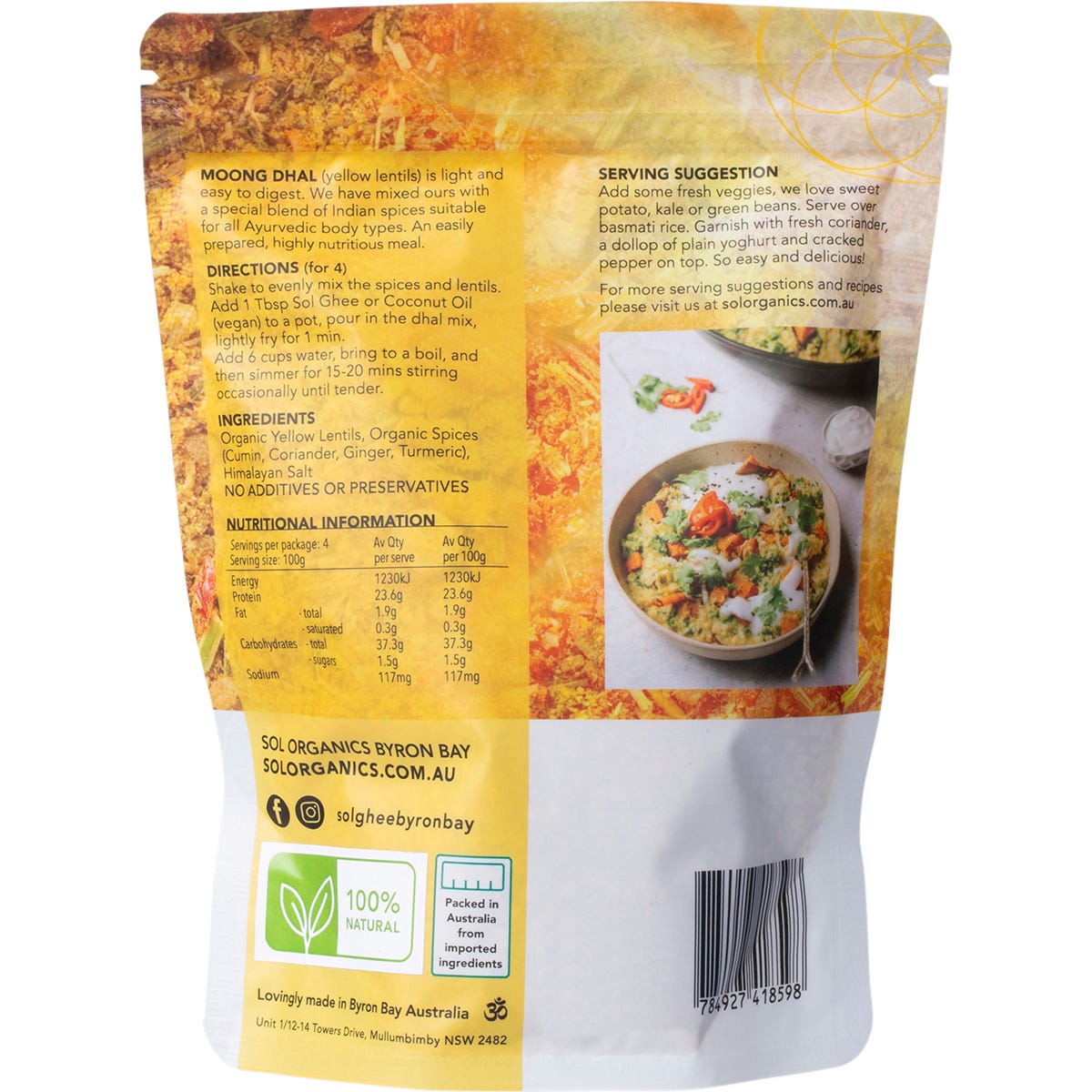 Back of Sol Organics Moong Dhal 400g bag showing nutritional information and ingredients.