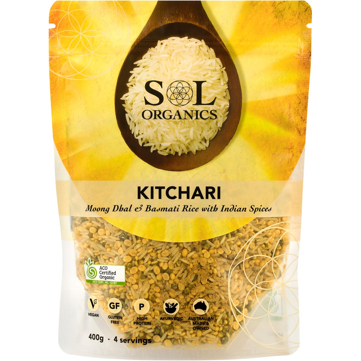 400g bag of Sol Organics Kitchari Moong Dhal & Basmati Rice Mix featuring Ayurvedic Indian spices.