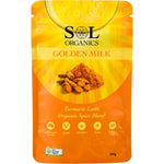 100g pack of Sol Organics Golden Milk Turmeric Blend with ingredients like cinnamon, ginger, and cardamom.