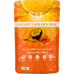 100g pack of Sol Organics Coconut Golden Milk Turmeric Blend with a yellow label and botanical illustrations.