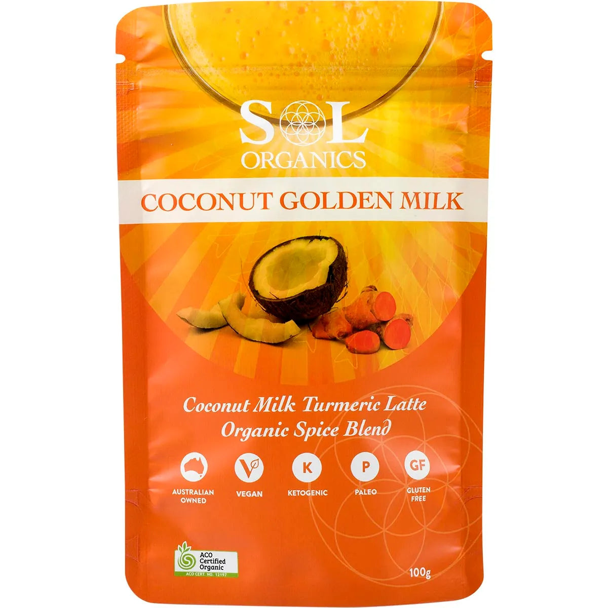100g pack of Sol Organics Coconut Golden Milk Turmeric Blend with a yellow label and botanical illustrations.