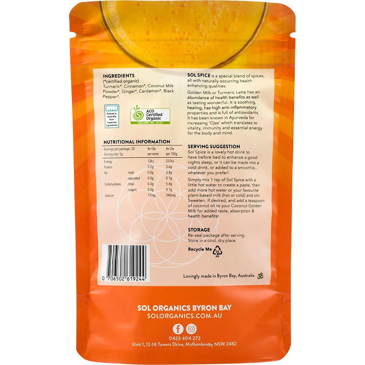 Back of Sol Organics Coconut Golden Milk Turmeric Blend 100g pack showing ingredients and nutritional information.