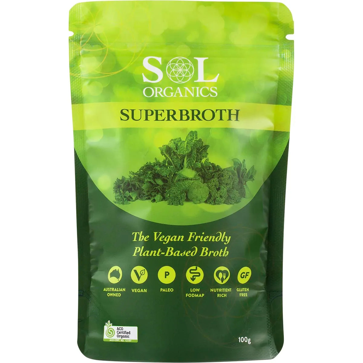 100g bag of Sol Organics Superbroth Vegan Friendly Broth with certified organic ingredients.