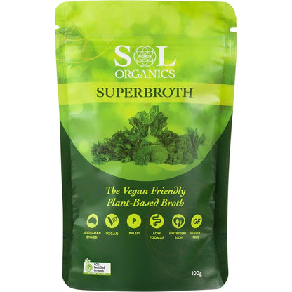 100g bag of Sol Organics Superbroth Vegan Friendly Broth with certified organic ingredients.