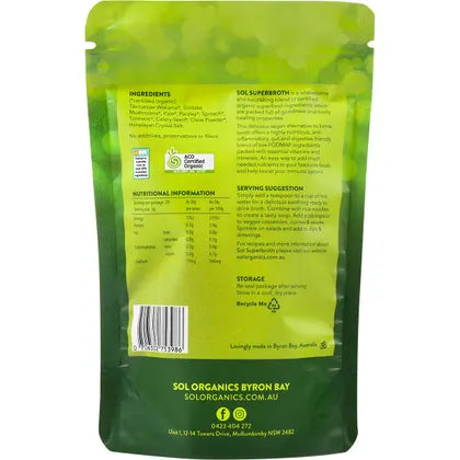 Back of Sol Organics Superbroth 100g bag showing ingredients, benefits, and directions on a white background.