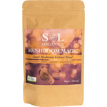 Sol Organics Mushroom Magic 100g bag on a white background featuring a blend of six organic mushroom extract powders.