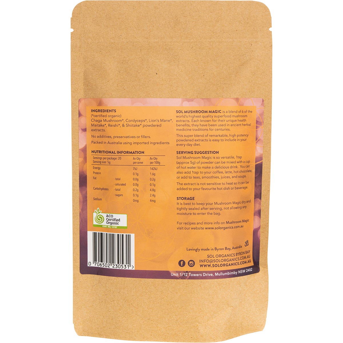 Back of Sol Organics Mushroom Magic 100g bag with nutrition facts, ingredients, and preparation instructions.