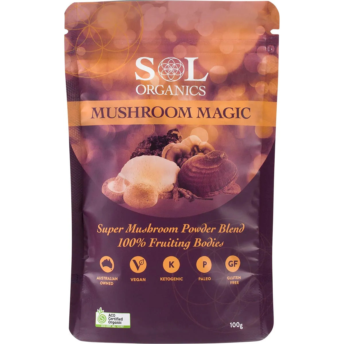 Sol Organics Mushroom Magic 100g resealable bag featuring a blend of six organic mushroom extract powders.