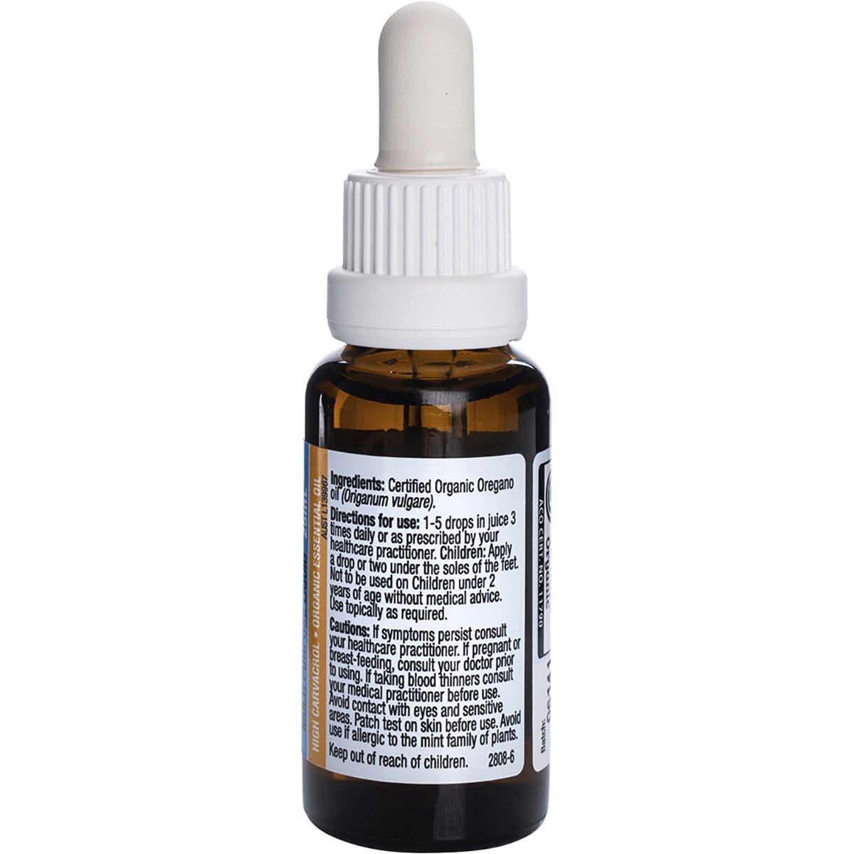 The back of a Solutions 4 Health Oil of Wild Oregano 25ml bottle showing directions and ingredients on a white background.