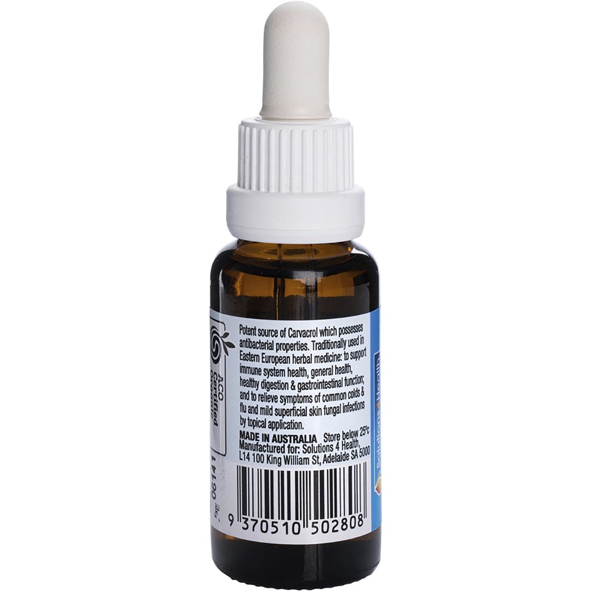 Side view of Solutions 4 Health Oil of Wild Oregano 25ml bottle highlighting organic and Australian-made logos.