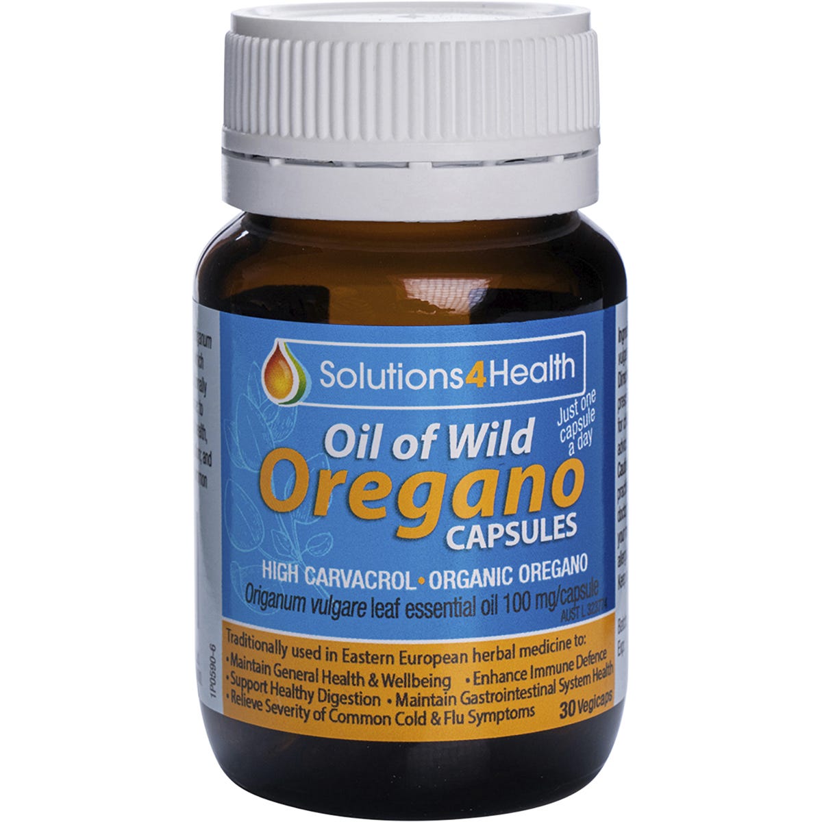 Bottle of Solutions 4 Health Oil of Wild Oregano 30 vegan Vegicaps for immune and respiratory support.