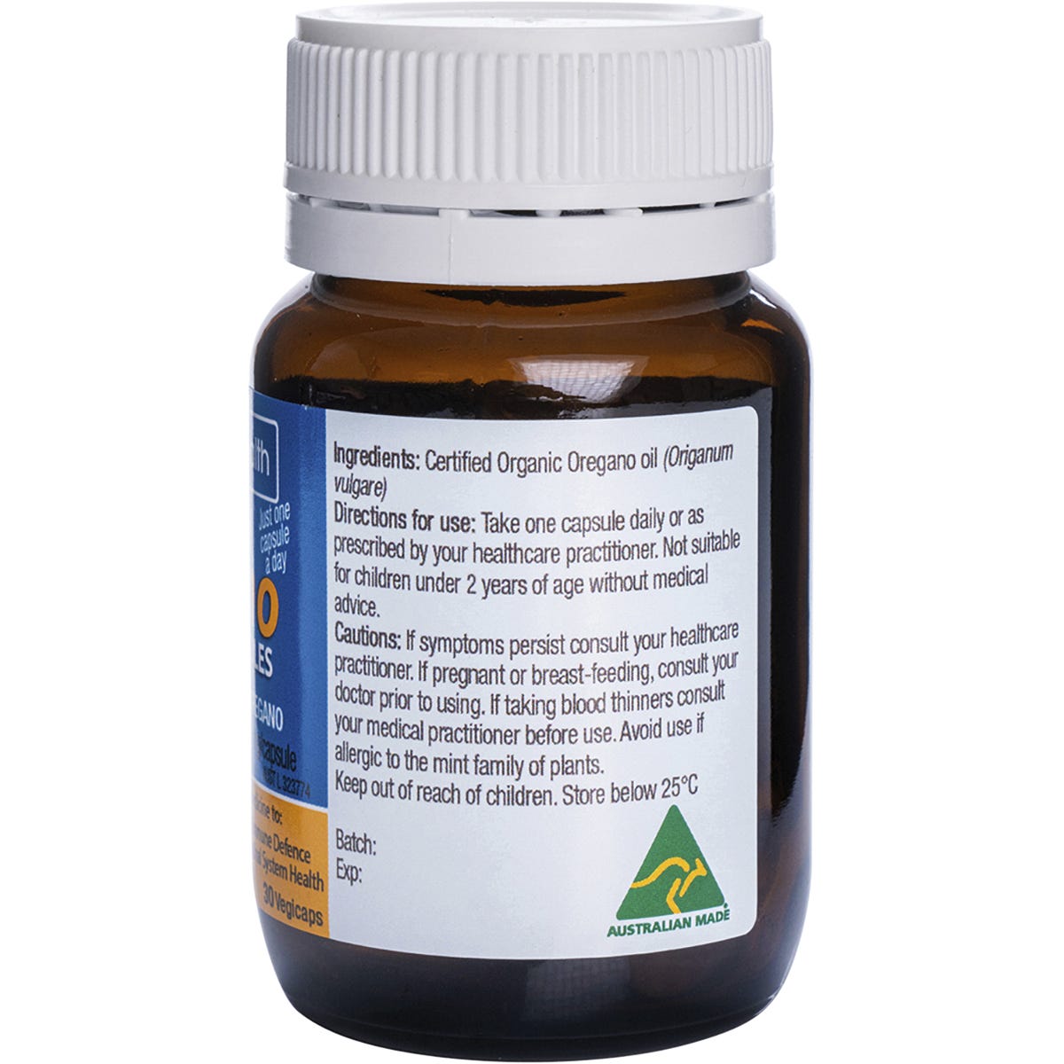 Back view of Solutions 4 Health Oil of Wild Oregano 30 Vegicaps bottle showing directions and ingredient information.
