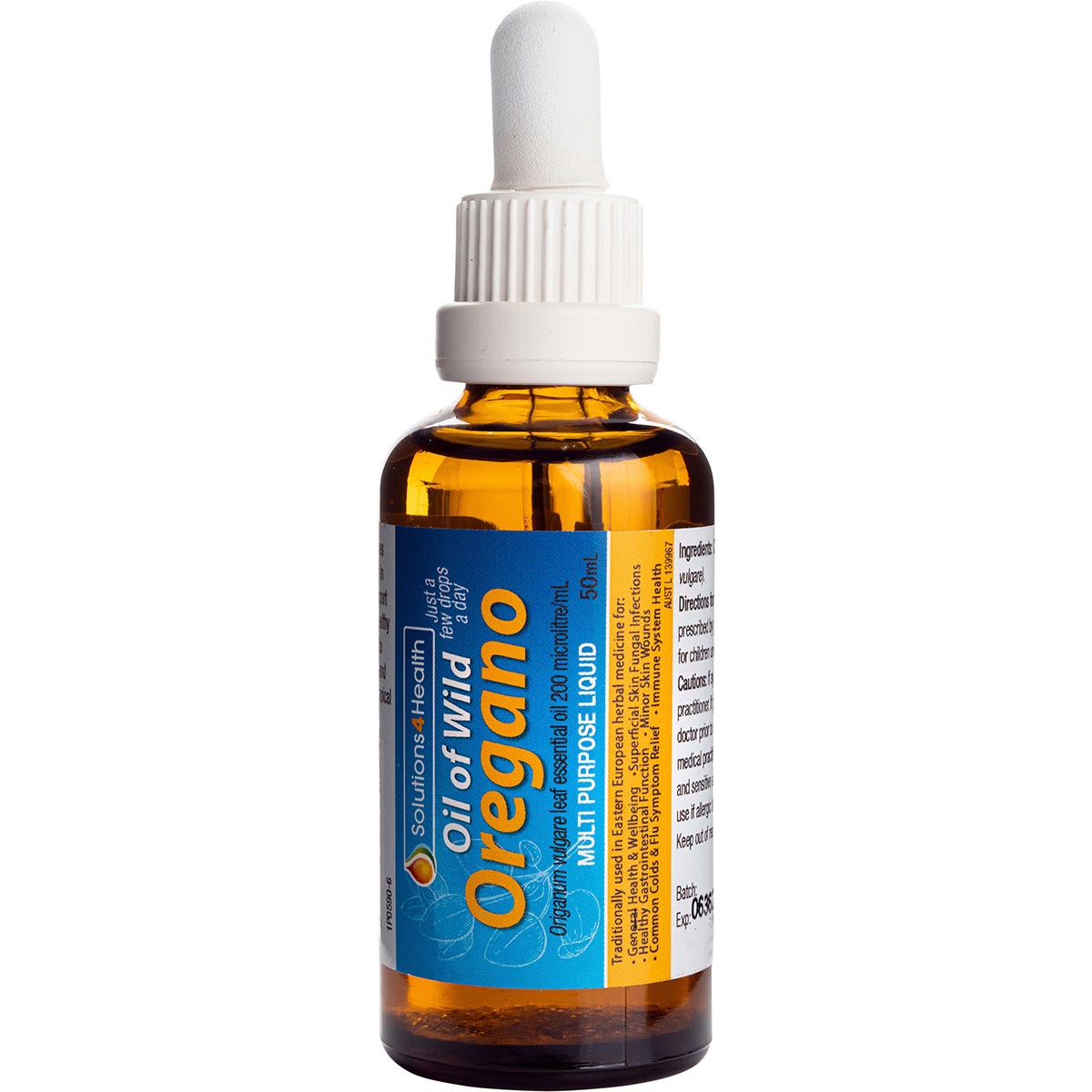 Solutions 4 Health Oil of Wild Oregano 50ml bottle with a dropper lid, featuring a green and orange label.
