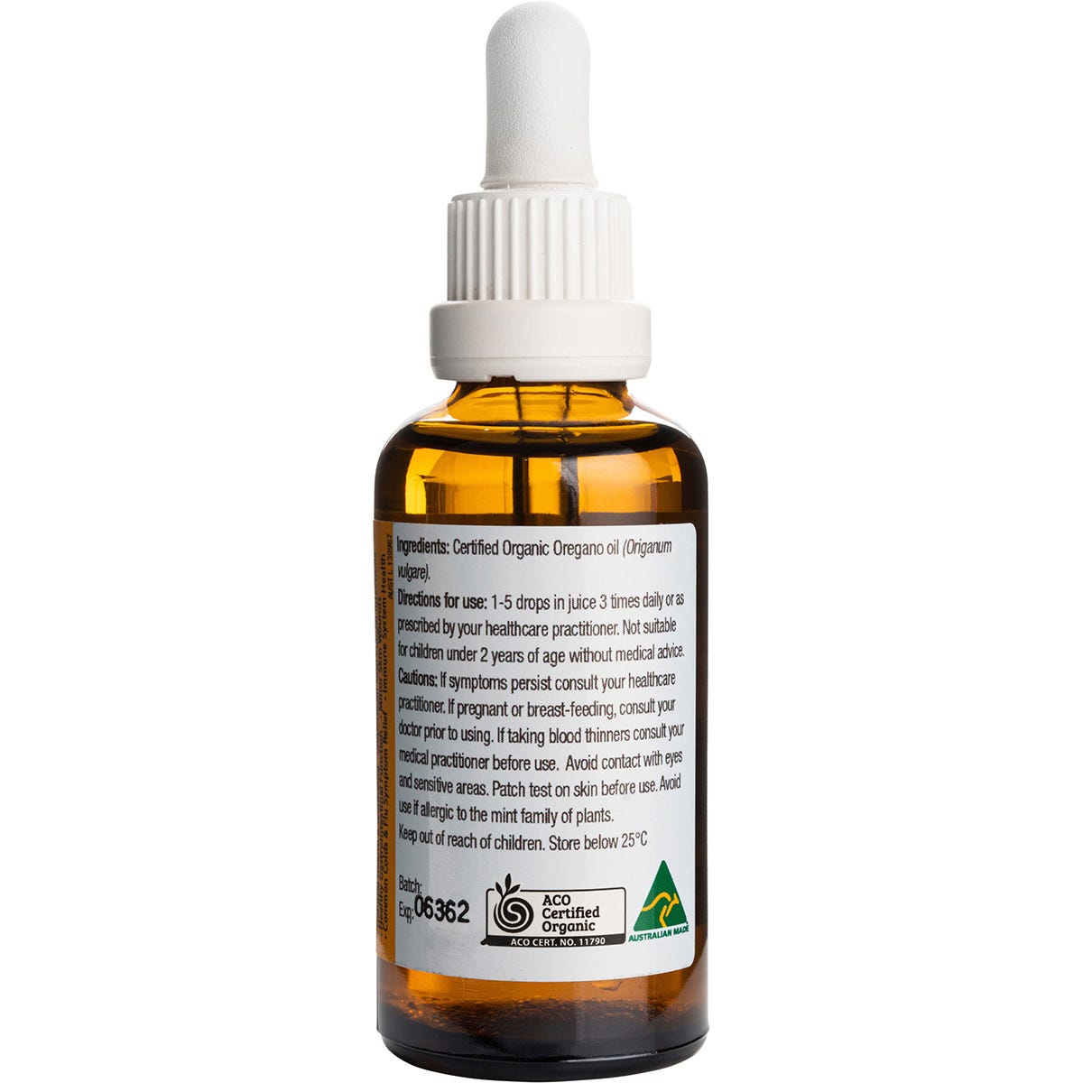 Right side of a Solutions 4 Health Oil of Wild Oregano 50ml bottle showing directions for use and medicinal warnings.