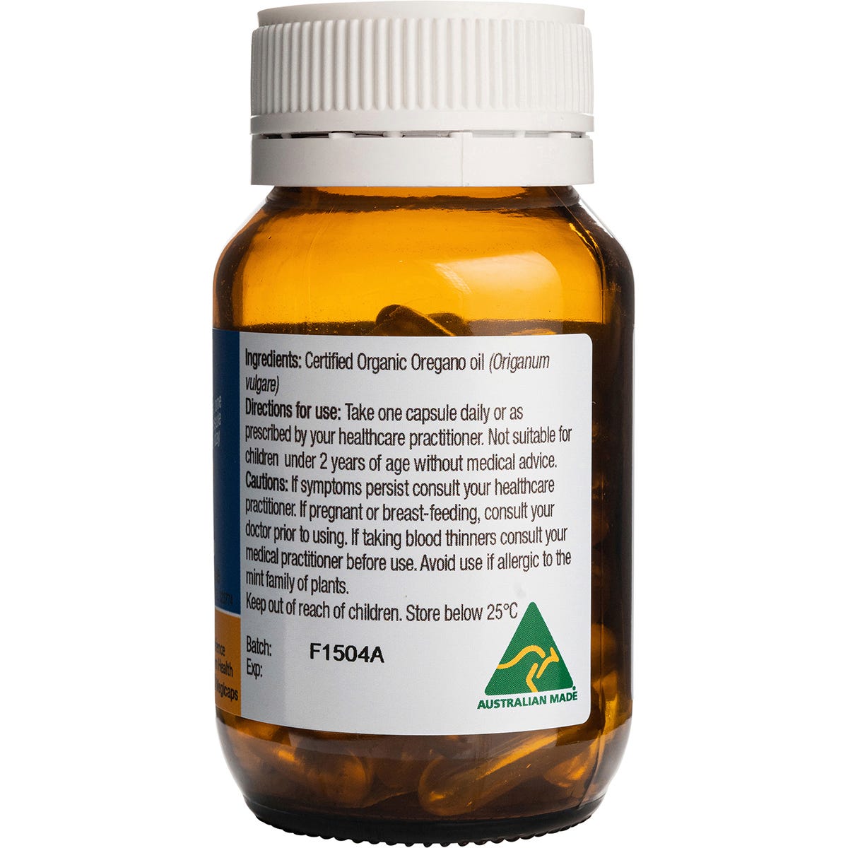 Right side of Solutions 4 Health Oil of Wild Oregano 60 capsules bottle showing supplement facts and directions.